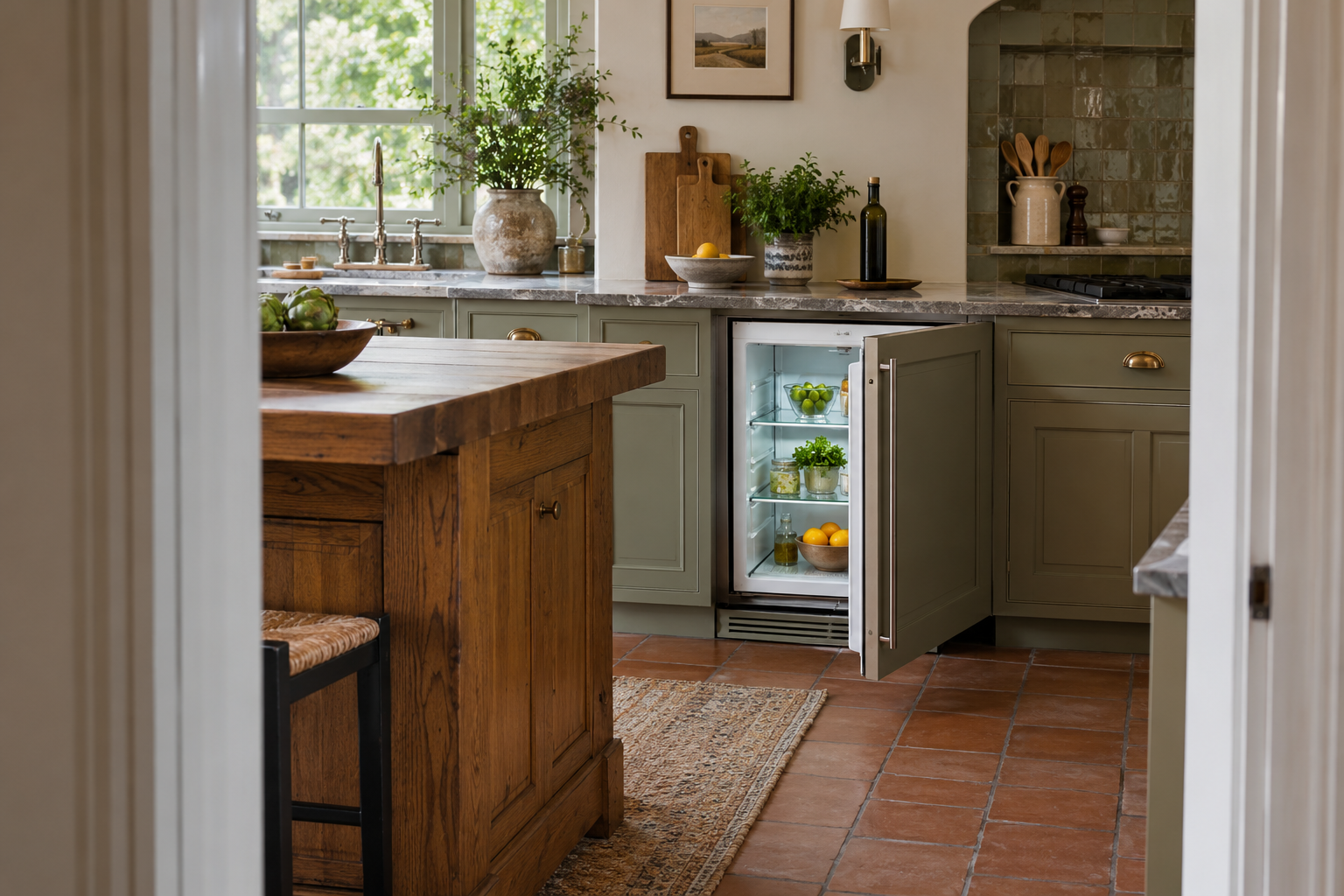 Illustrative Sub-Zero undercounter refrigerator in a residential kitchen — AI image for Sub-Zero Repair Golden’s Bridge