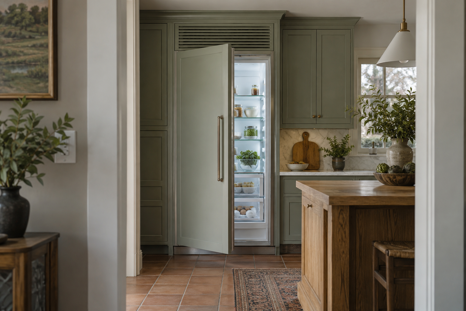 Illustrative Sub-Zero refrigerator in a residential kitchen — AI image for Sub-Zero Repair Golden’s Bridge