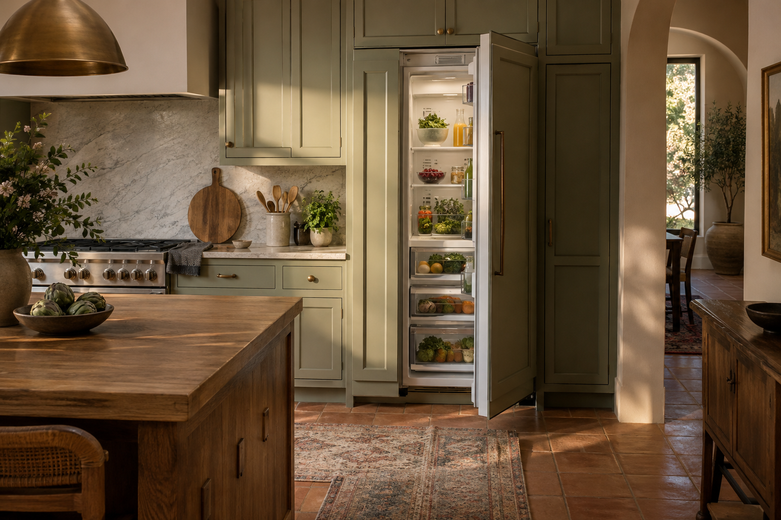 Illustrative Monogram refrigerator in a residential kitchen — AI image for Sub-Zero Repair Golden’s Bridge