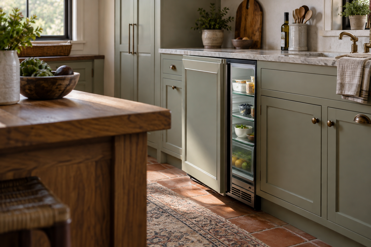Illustrative Sub-Zero undercounter refrigerator in a residential kitchen — AI image for Sub-Zero Repair Golden’s Bridge