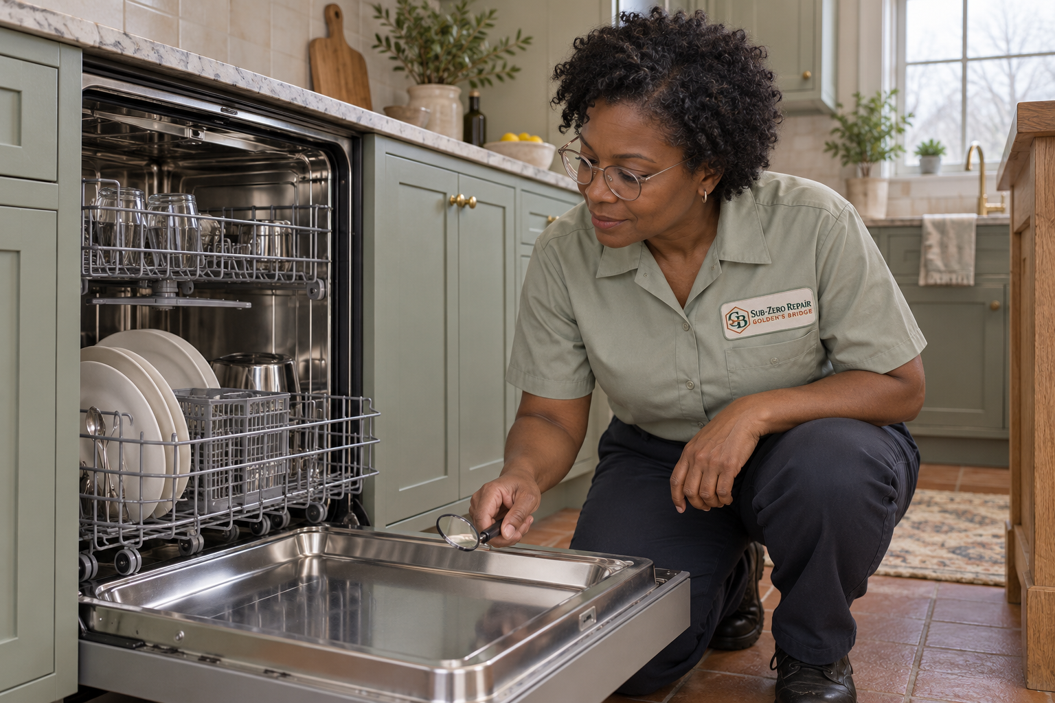 Fictional technician beside a Thermador dishwasher — AI illustration for Sub-Zero Repair Golden’s Bridge