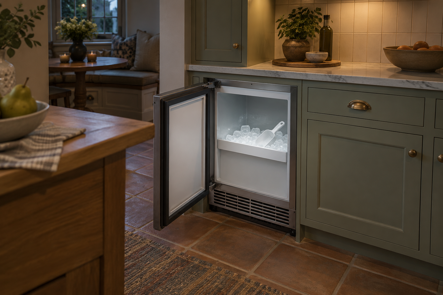 Illustrative Viking ice maker in a residential kitchen — AI image for Sub-Zero Repair Golden’s Bridge